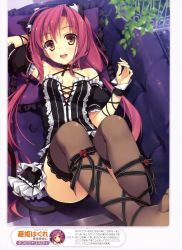 Rule 34 | 1girl, absurdres, animal ears, ankle lace-up, arm behind head, arm ribbon, bad id, bad yandere id, bare shoulders, black thighhighs, brown eyes, cat ears, cat tail, choker, couch, criss-cross halter, cross-laced footwear, dengeki moeou, frills, gothic lolita, halterneck, highres, lace, lace-trimmed legwear, lace trim, legs up, lolita fashion, long hair, looking at viewer, low twintails, lying, on back, open mouth, original, purple hair, ribbon, smile, solo, tail, thighhighs, twintails, untying, wrist cuffs, yuuki hagure