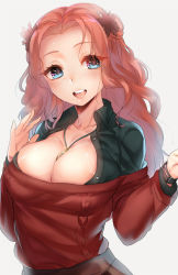 Rule 34 | 1girl, aran sweater, blue eyes, blush, breasts, cable knit, cleavage, collarbone, diana (kyokugen dasshutsu), freckles, jewelry, kyokugen dasshutsu, large breasts, long hair, long sleeves, looking at viewer, naso4, necklace, open mouth, red hair, simple background, smile, solo, sweater, white background, zero escape: toki no jirenma
