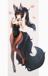 Rule 34 | 1girl, animal ears, ankle strap, artist name, bare shoulders, black footwear, black hair, black leotard, bow, bowtie, breasts, brown pantyhose, commentary, commission, covered navel, detached collar, double v, ehrrr, english commentary, fox ears, fox tail, full body, gike, hair between eyes, heart, high heels, highres, leotard, medium breasts, nontraditional playboy bunny, original, pantyhose, playboy bunny, ponytail, red bow, red bowtie, simple background, solo, tail, thighband pantyhose, twitter username, v, wolf ears, wolf tail, wrist cuffs, yellow eyes