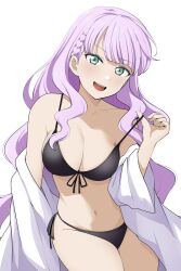 Rule 34 | 1girl, alternate breast size, barkhorn0331, bikini, blunt bangs, braid, breasts, cleavage, collarbone, green eyes, highres, large breasts, long hair, looking at viewer, love live!, love live! superstar!!, navel, open mouth, purple hair, side-tie bikini bottom, simple background, smile, solo, stomach, swimsuit, wavy hair, white background, wien margarete