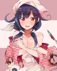 Rule 34 | 10s, 1girl, ahoge, alternate costume, breasts, cleavage, commentary request, covering privates, covering breasts, embarrassed, eyebrows, fish, hat, itomugi-kun, kantai collection, long hair, medium breasts, multicolored background, open mouth, pink eyes, purple hair, ryuuhou (kancolle), saury, solo, taigei (kancolle), torn clothes, twintails, whale, yagasuri
