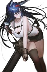Rule 34 | 1girl, absurdres, animal ears, arknights, bare shoulders, black skirt, black thighhighs, blaze (arknights), blue eyes, blue hair, blurry, blush, breasts, brown gloves, card, cat ears, cat girl, chainsaw, chest strap, cleavage, depth of field, fingerless gloves, ganet p, gloves, hairband, highres, large breasts, leaning forward, long hair, looking to the side, messy hair, pencil skirt, playing card, red hairband, shiny skin, shirt, skirt, solo, sweat, sweatdrop, tank top, thighhighs, white background, white shirt