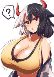 Rule 34 | 1girl, animal ears, animal print, breasts, cleavage, cow ears, cow girl, cow horns, cow print, gero zoukin, haori, highres, horns, huge breasts, japanese clothes, long earlobes, multicolored hair, red horns, solo, split-color hair, tank top, touhou, two-tone hair, ushizaki urumi, yellow tank top
