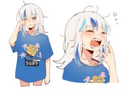Rule 34 | 1girl, blue hair, blue nails, blue shirt, blunt bangs, blush, character print, commentary, cropped legs, cropped torso, english commentary, gawr gura, hand up, highres, hololive, hololive english, messy hair, mittsu, multicolored hair, multiple views, open mouth, rubbing eyes, sharp teeth, shirt, simple background, solo, spongebob squarepants, spongebob squarepants (series), streaked hair, t-shirt, tearing up, teeth, upper body, virtual youtuber, white background, white hair, yawning