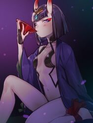 Rule 34 | 1girl, breasts, cup, drinking, eyeliner, fate/grand order, fate (series), holding, holding cup, horns, makeup, navel, purple background, purple eyes, red eyeliner, revealing clothes, sakazuki, short hair, shuten douji (fate), skin-covered horns, small breasts, solo, wide sleeves, yurizuka (sergeant heart)