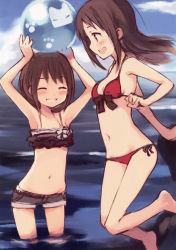 Rule 34 | 2girls, :d, ^ ^, absurdres, armpits, arms up, ball, bare legs, barefoot, beachball, bikini, breasts, brown eyes, brown hair, cleavage, denim, denim shorts, closed eyes, frilled bikini, frills, front-tie top, grin, highres, kyuri, long hair, multiple girls, navel, open mouth, original, outdoors, red bikini, scan, short shorts, shorts, side-tie bikini bottom, small breasts, smile, swimsuit, wading