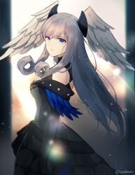 Rule 34 | 1girl, blue eyes, breasts, closed mouth, curly hair, dress, formal, grey hair, head wings, highres, large breasts, leaf (esabacoo), long hair, long sleeves, looking at viewer, melia antiqua, simple background, solo, wings, xenoblade chronicles (series), xenoblade chronicles 1, xenoblade chronicles 3