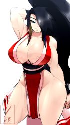 Rule 34 | 1girl, absurdres, black hair, breasts, cleavage, cosplay, fatal fury, hair over one eye, streaked hair, highres, huge breasts, long hair, multicolored hair, muscular, muscular female, original, shiranui mai (cosplay), smile, solo, suketchib, suki (suketchib), thick thighs, thighs