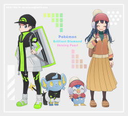 Rule 34 | 1boy, 1girl, backpack, bag, baseball cap, beanie, black hair, black headwear, blue eyes, blush, brown bag, closed eyes, closed mouth, clothed pokemon, coat, cocoloco, commentary request, creatures (company), dawn (pokemon), earmuffs, eyelashes, game freak, gen 4 pokemon, green sweater, hand up, hat, long hair, lucas (pokemon), mittens, nintendo, open mouth, pantyhose, piplup, pleated skirt, pokemon, pokemon (creature), pokemon bdsp, red mittens, ribbed sweater, shinx, shoes, short hair, skirt, smile, standing, sweater, zipper, zipper pull tab