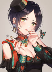Rule 34 | 1girl, absurdres, bare shoulders, black hair, black hat, black shirt, blue nails, breasts, bug, butterfly, choker, cleavage, collarbone, earrings, grey background, hands up, hat, hayami kanade, head tilt, highres, idolmaster, idolmaster cinderella girls, insect, jewelry, long sleeves, looking at viewer, mairo, medium breasts, mini hat, multicolored nails, nail polish, parted bangs, parted lips, red choker, red nails, ring, shirt, short hair, signature, simple background, solo, upper body, yellow eyes