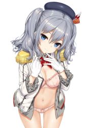 Rule 34 | 1girl, breasts, cleavage, gloves, hat, highres, kantai collection, kashima (kancolle), lingerie, military, military uniform, simple background, solo, takayaki, underwear, uniform, white background
