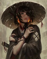 Rule 34 | 1girl, absurdres, black hair, bracelet, commentary, english commentary, eyepatch, glowing, grey eyes, guweiz, hat, highres, japanese clothes, jewelry, katana, original, parted lips, rain, revision, samurai, sheath, sheathed, solo, sword, weapon, wide sleeves