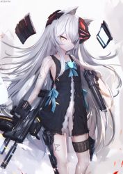 Rule 34 | 1girl, android, animal ear fluff, animal ears, bare shoulders, black dress, black gloves, blue ribbon, breasts, cat ears, commentary request, dress, dual wielding, gloves, gun, hair over one eye, handgun, highres, holding, holding gun, holding weapon, holster, long hair, looking at viewer, mask, mask on head, mecha musume, nekoya (liu), original, ribbon, scope, sidelocks, signature, sleeveless, sleeveless dress, small breasts, solo, standing, submachine gun, thigh holster, very long hair, weapon, white hair, yellow eyes
