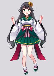 Rule 34 | 1girl, :d, bad id, bad pixiv id, black hair, blush, commentary request, copyright request, flower, green eyes, green footwear, green skirt, grey background, hair flower, hair ornament, hands up, highres, long hair, long sleeves, looking at viewer, minami saki, open mouth, pleated skirt, sidelocks, simple background, skirt, smile, socks, solo, standing, very long hair, white socks, wide sleeves, yellow flower
