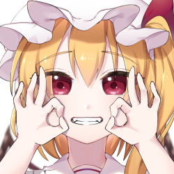 Rule 34 | 1girl, blonde hair, blurry, blurry background, commentary request, depth of field, double ok sign, eringi (rmrafrn), fangs, flandre scarlet, grin, hair between eyes, hands up, hat, long hair, looking at viewer, mob cap, ok sign, one side up, portrait, red eyes, simple background, smile, solo, touhou, white background, white hat, wings