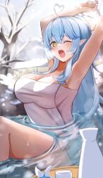 Rule 34 | 1girl, ahoge, armpits, arms behind head, blue hair, bottle, breasts, choko (cup), cleavage, cup, elf, heart, heart ahoge, highres, hololive, large breasts, leo (f mmmnkm paint), long hair, naked towel, one eye closed, onsen, open mouth, partially submerged, pointy ears, ponytail, sake bottle, solo, stretching, towel, virtual youtuber, water, yawning, yellow eyes, yukihana lamy