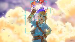 Rule 34 | 1boy, belt, blonde hair, galeem, green eyes, link, master hand, master sword, nintendo, pointing, pointing up, pointy ears, reticule, selfie, sheikah slate, shield, shield on back, smile, solo, super smash bros., sword, the legend of zelda, the legend of zelda: breath of the wild, weapon