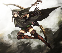 Rule 34 | 1girl, arrow (projectile), bad id, boots, bow (weapon), braid, brown footwear, brown thighhighs, cloak, dragon&#039;s crown, elf, elf (dragon&#039;s crown), full body, gloves, hood, long hair, matsuryuu, pointy ears, shorts, solo, squirrel, thigh boots, thighhighs, twin braids, weapon, zettai ryouiki