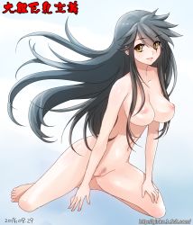 Rule 34 | 10s, 1girl, 2014, bad id, bad pixiv id, black hair, breasts, censored, dated, female pubic hair, ginko (silver fox), haruna (kancolle), kantai collection, kneeling, large breasts, long hair, looking at viewer, mosaic censoring, nipples, nude, pubic hair, puffy nipples, pussy, solo, watermark, web address, yellow eyes