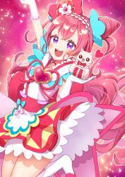 Rule 34 | 1girl, absurdres, arm up, back bow, bow, brooch, commentary, cone hair bun, cure precious, delicious party precure, double bun, dress, frilled hairband, frills, gloves, hair bun, hairband, heart, heart brooch, highres, hiiragi syuu, huge bow, jewelry, jumping, kome-kome (precure), legs up, light particles, long hair, looking at viewer, magical girl, nagomi yui, open mouth, pink dress, pink hair, precure, purple eyes, red bow, short dress, smile, solo, twitter username, two side up, very long hair, white gloves