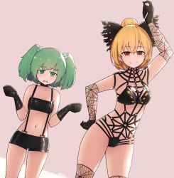 Rule 34 | 2girls, absurdres, arm up, black gloves, blonde hair, bondage outfit, bow, brown eyes, choker, gloves, green eyes, green hair, hair bow, highres, kisume, kurodani yamame, leather, multiple girls, navel, pink background, senzaicha kasukadoki, short shorts, short twintails, shorts, smile, spider web print, suspenders, touhou, twintails