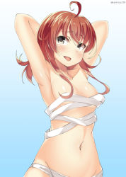 Rule 34 | 10s, 1girl, ahoge, arashi (kancolle), arms behind head, arms up, bad id, bad pixiv id, bandages, blush, breasts, groin, kankitsunabe (citrus), kantai collection, long hair, looking to the side, navel, open mouth, panties, red hair, sarashi, solo, twitter username, underwear, underwear only, white panties