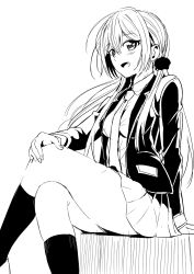 Rule 34 | 1girl, :d, attsun (atsushi jb), collared shirt, crossed legs, fang, feet out of frame, greyscale, highres, jacket, long hair, looking at viewer, monochrome, necktie, open mouth, original, pleated skirt, shirt, simple background, sitting, skirt, smile, socks, solo, white background