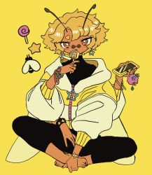 Rule 34 | 1other, androgynous, antennae, baggy clothes, bangle, bee, bee wings, black legwear, black nails, black pants, black sweater, blonde hair, bracelet, bright pupils, brown eyes, bug, crossed ankles, curly hair, earrings, extra arms, full body, highres, holding, holding phone, insect, insect wings, jacket, jewelry, nail polish, original, oversized clothes, pants, phone, ring, shima (wansyon144), short hair, sleeves pushed up, solo, sweater, turtleneck, turtleneck sweater, white pupils, wings, yellow background, yellow jacket