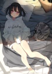 Rule 34 | 1girl, animal, barefoot, bed, black hair, cat, cellphone, closed mouth, holding, holding phone, hood, hood down, hoodie, jacket, kamizaki hibana, long sleeves, looking at viewer, lying, on back, on bed, original, phone, pillow, pink eyes, short twintails, shorts, smartphone, twintails, white shorts