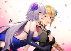 Rule 34 | 2girls, :o, black dress, black legwear, blonde hair, blue dress, blue eyes, blue flower, blush, braid, breasts, bug, butterfly, cleavage, commentary request, dress, elbow gloves, fate/grand order, fate (series), flower, gloves, hair flower, hair ornament, hand on another&#039;s shoulder, insect, jeanne d&#039;arc (fate), jeanne d&#039;arc (formal dress) (fate), jeanne d&#039;arc (ruler) (fate), jeanne d&#039;arc alter (avenger) (fate), jeanne d&#039;arc alter (fate), jewelry, l.bou, large breasts, licking, licking another&#039;s face, long braid, long hair, multiple girls, necklace, one eye closed, painting (medium), petals, purple flower, purple gloves, silver hair, single braid, surprised, thighhighs, traditional media, very long hair, watercolor (medium), yellow eyes, yuri