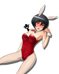 Rule 34 | 10s, 1girl, animal ears, armpits, bad id, bad pixiv id, bare shoulders, black hair, blush, bow, bowtie, brave witches, breasts, cleavage, detached collar, fake animal ears, leotard, open mouth, pantyhose, playboy bunny, rabbit ears, shimohara sadako, short hair, silhouette demon, simple background, solo, strike witches, ulrich (tagaragakuin), waltrud krupinski, white pantyhose, world witches series, wrist cuffs