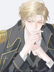 Rule 34 | 1boy, anouchka cash, blonde hair, epaulettes, heterochromia, highres, holding, holding jewelry, holding ring, jacket, jewelry, long sleeves, looking at another, male focus, military uniform, nadph, parted bangs, red eyes, ring, short hair, solo, uniform, white background, yellow eyes, zhibo xie chun ai wen de wo zai chongzu feng shen