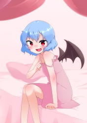 Rule 34 | 1girl, :d, bat wings, bed, blue hair, blurry, blush, canopy bed, depth of field, highres, kameyan, looking at viewer, nightgown, no headwear, open mouth, pillow, red eyes, remilia scarlet, short hair, sitting, sleeveless, smile, solo, strap slip, touhou, wings