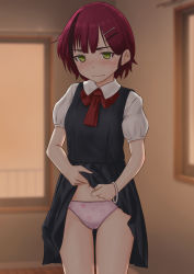 Rule 34 | 1girl, absurdres, black dress, blouse, blurry, blurry background, blush, bow, bowtie, bracelet, breasts, clothes lift, commentary, cowboy shot, dress, dusk, embarrassed, expressionless, female focus, flashing, furrowed brow, genderswap, genderswap (mtf), gluteal fold, green eyes, hananoki makoto (sirokohi), heart, heart print, highres, jewelry, lifted by self, looking ahead, looking at viewer, nose blush, original, panties, pinafore dress, pink panties, red bow, red bowtie, red hair, school uniform, shirt, short hair, sirokohi, skirt, skirt lift, sleeveless dress, small breasts, solo, thigh gap, underwear, upper body, white shirt, window