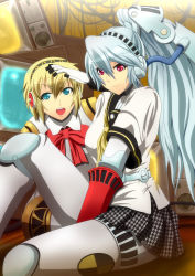 Rule 34 | 2girls, aegis (persona), android, aqua hair, atlus, blonde hair, blue eyes, bow, highres, houndstooth, joints, labrys (persona), long hair, multiple girls, muutsu (maxwell0916), open mouth, persona, persona 3, persona 4: the ultimate in mayonaka arena, ponytail, red eyes, robot joints, school uniform, short hair, sitting, skirt, smile, television