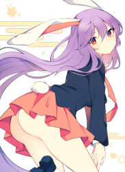 Rule 34 | 1girl, animal ears, ass, black jacket, blazer, closed mouth, egasumi, hair between eyes, highres, jacket, light purple hair, long hair, long sleeves, necktie, one-hour drawing challenge, pink necktie, pink skirt, pleated skirt, rabbit ears, rabbit tail, red eyes, reisen udongein inaba, skirt, solo, tail, tama (soon32281), touhou, white background