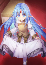 Rule 34 | 1girl, blue eyes, blue hair, blurry, blurry background, brown footwear, brown vest, closed mouth, commission, depth of field, forehead jewel, highres, ibuki notsu, juliet sleeves, kalar (race), long hair, long sleeves, looking at viewer, pantyhose, pointy ears, puffy sleeves, rance (series), rance quest, rance quest magnum, reset kalar, shoes, skeb commission, skirt, skirt hold, smile, solo, standing, vest, white pantyhose, white skirt