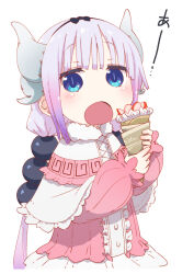 Rule 34 | 1girl, beads, blue eyes, blunt bangs, blush, capelet, center frills, child, crepe, dress, eating, food, frills, fruit, fur collar, gradient hair, hair beads, hair ornament, hairband, highres, holding, holding food, horns, imminent bite, kanna kamui, kobayashi-san chi no maidragon, long sleeves, looking at viewer, low twintails, multicolored hair, open mouth, puffy long sleeves, puffy sleeves, purple hair, samansa ex, slit pupils, solo, strawberry, twintails, whipped cream