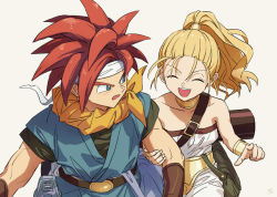 Rule 34 | 1boy, 1girl, arm grab, artist name, bad id, bad twitter id, bag, belt, black belt, black shirt, blue eyes, blue tunic, bracer, carrying, chrono trigger, crono (chrono trigger), closed eyes, hair pulled back, hair tie, headband, hosodayo, jewelry, jumpsuit, long hair, looking at another, looking back, marle (chrono trigger), neck ring, open mouth, ponytail, red hair, satchel, shirt, short hair, short sleeves, signature, simple background, smile, spiked hair, standing, strapless, white background, white headband, white jumpsuit, yellow belt