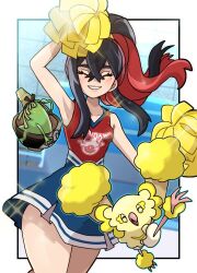 Rule 34 | 1girl, 2others, alternate costume, alternate hairstyle, bare legs, bare shoulders, bird, black nails, black shirt, blue hair, blush, breasts, carmine (pokemon), closed eyes, clothes lift, creatures (company), crossed bangs, curvy, day, eyelashes, fu (tk1189227dhy), game freak, gen 7 pokemon, hair between eyes, hand up, happy, high ponytail, highres, holding, holding pom poms, jumping, long hair, looking at viewer, multicolored hair, multiple others, nintendo, oricorio, oricorio (pom-pom), parted lips, pokemon, pokemon sv, pom pom (cheerleading), pom poms, ponytail, red hair, shirt, sinistcha, skirt, skirt lift, sleeveless, sleeveless shirt, small breasts, smile, sunlight, two-tone hair, upper body, wide hips, yellow eyes