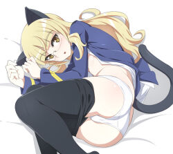 Rule 34 | 1girl, animal ears, ass, black pantyhose, blonde hair, blue jacket, cat ears, cat tail, clothes pull, feet out of frame, glasses, jacket, long hair, looking at viewer, lying, nanashino, on side, panties, pantyhose, pantyhose pull, perrine h. clostermann, solo, strike witches, tail, underwear, white panties, world witches series, yellow eyes