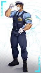 Rule 34 | 1boy, absurdres, armband, artist name, bara, biceps, brown hair, bulge, bulletproof vest, gloves, hand on own hip, highres, looking at viewer, male focus, manly, mask, mature male, mouth mask, muscular, muscular male, original, pants, police, police uniform, shoes, short hair, signature, simple background, solo, thick thighs, thighs, uniform, watch, white background, yzpyn