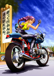 Rule 34 | 1girl, branch, gloves, hair tie, highres, leaf, looking at viewer, md5 mismatch, motor vehicle, motorcycle, original, ponytail, purple hair, resolution mismatch, sco (scopedog85), shop, sign, solo, source smaller, tank top, thumbs up, tree, vehicle