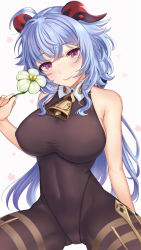 Rule 34 | 1girl, absurdres, bare shoulders, bell, black pantyhose, blue hair, blush, bodysuit, breasts, covered erect nipples, cowbell, flower, ganyu (genshin impact), genshin impact, highres, horns, large breasts, leotard, maumaou, neck bell, pantyhose, purple eyes, solo, white background