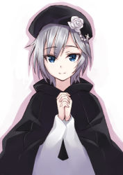 Rule 34 | 10s, 1girl, anastasia (idolmaster), bad id, bad pixiv id, blue eyes, coat, cross, flower, own hands clasped, hat, idolmaster, idolmaster cinderella girls, looking at viewer, matsuryuu, own hands together, rose, short hair, silver hair, smile, solo, white flower, white rose