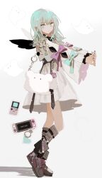 Rule 34 | 1girl, belt, black wings, boots, chain, closed mouth, dress, ear piercing, earrings, full body, game boy, ghost, gradient background, green eyes, green hair, grey background, grey footwear, grey socks, hair ornament, hairclip, handheld game console, heel up, jewelry, leg belt, long hair, long sleeves, looking at viewer, nintendo switch, original, piercing, qtonagi, shadow, sidelocks, socks, solo, sparkle, standing, stretching, stud earrings, stuffed toy, white dress, wide sleeves, wings