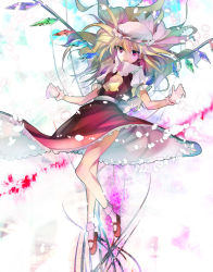 Rule 34 | 1girl, ancomomomo, ascot, blonde hair, bow, flandre scarlet, gloves, hat, highres, long hair, mary janes, mob cap, petals, red eyes, ribbon, shoes, short sleeves, smile, solo, touhou, wings
