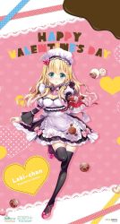 Rule 34 | 1girl, apron, artist name, black thighhighs, blonde hair, blue eyes, blush, bow, bowtie, box, breasts, character name, chocolate, cleavage, copyright name, fujima takuya, full body, hair ornament, happy valentine, heart, heart-shaped box, heart hair ornament, highres, laki station, long hair, looking at viewer, maid, maid apron, maid headdress, nijikawa laki, pink bow, pink bowtie, pink footwear, solo, standing, standing on one leg, thighhighs, virtual youtuber