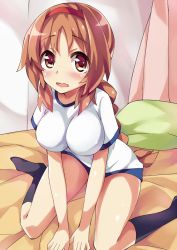 Rule 34 | 1girl, blush, braid, breasts, brown hair, d-frag!, gym uniform, hairband, kneehighs, large breasts, long hair, looking at viewer, open mouth, pillow, short sleeves, single braid, socks, solo, takao (d-frag!), unacchi (nyusankin), wavy mouth, yellow eyes