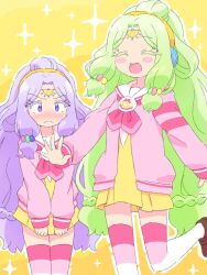 Rule 34 | 2girls, :d, ^ ^, blush, braid, brown footwear, cardigan, closed eyes, closed mouth, commentary request, cosplay, dress, embarrassed, forehead jewel, frown, green hair, happy, headphones, heart, highres, ikzw, janis (pripara), jewlie (pripara), loafers, long hair, long sleeves, looking at another, low-tied long hair, multiple girls, neckerchief, nose blush, open mouth, paprika private academy school uniform, parted bangs, pink cardigan, pink neckerchief, pretty series, pripara, purple eyes, purple hair, sailor collar, school uniform, shoes, short dress, siblings, sisters, smile, sparkle, standing, standing on one leg, striped clothes, striped thighhighs, sweatdrop, thighhighs, twins, very long hair, white sailor collar, yellow background, yellow dress